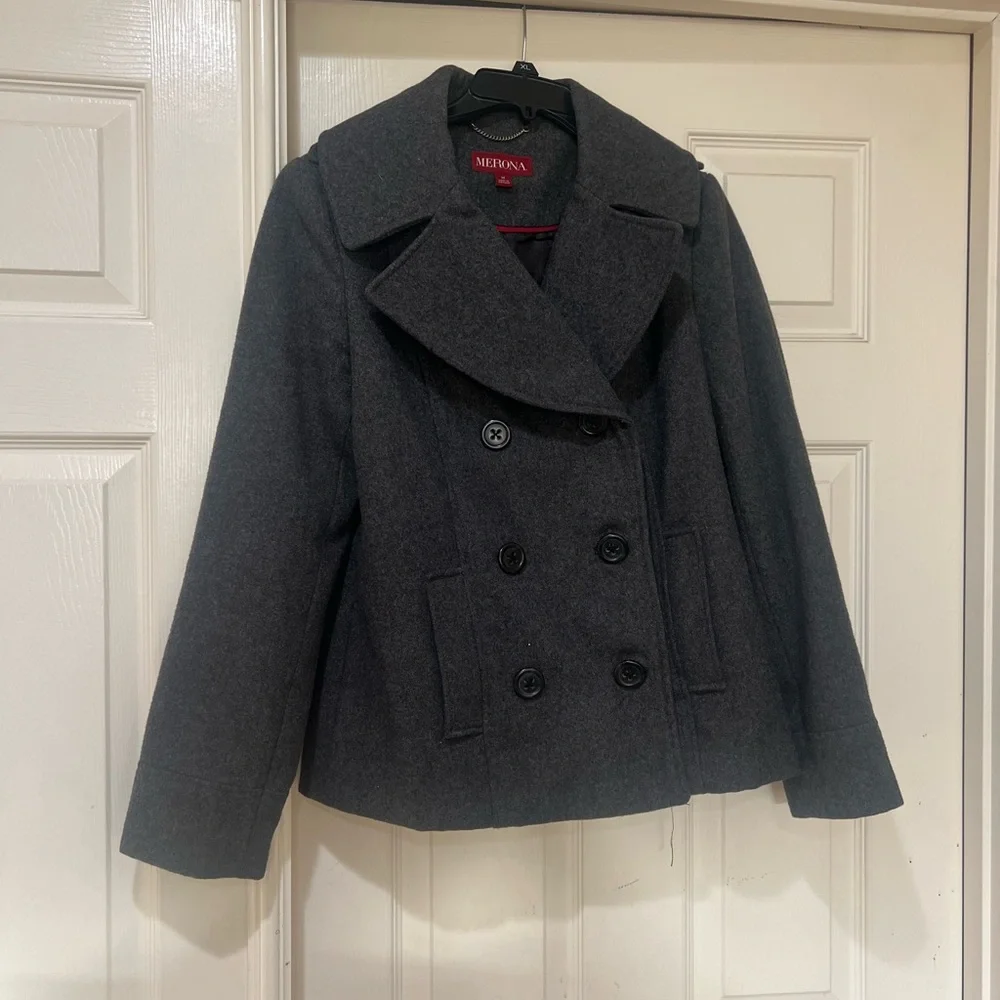 Merona Womens sz M‎ gray Wool Blend Peacoat Winter Coat fall warm cozy old money